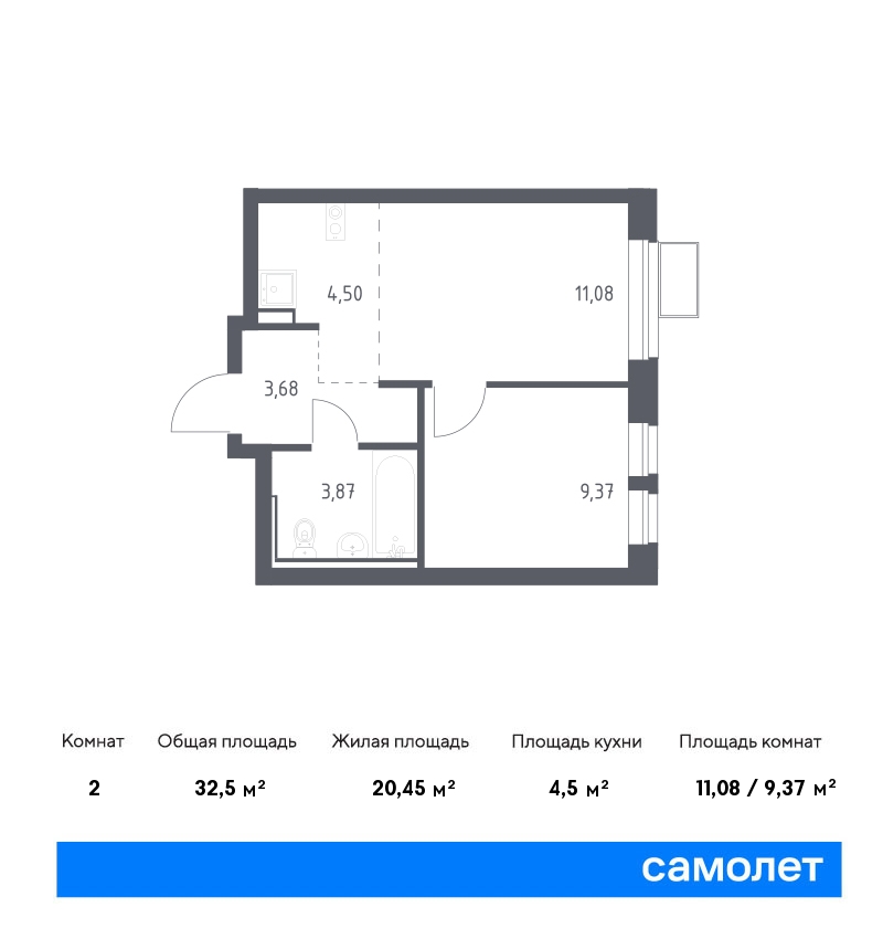 1 комн. квартира, 32.5 м², 12 этаж  (из 12)