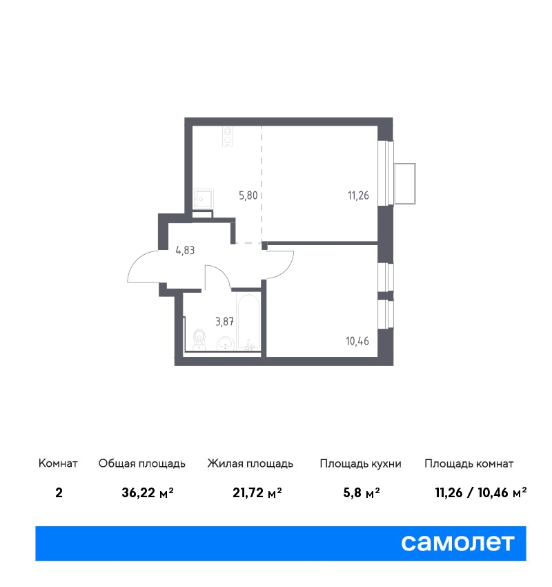 1 комн. квартира, 36.2 м², 2 этаж  (из 12)