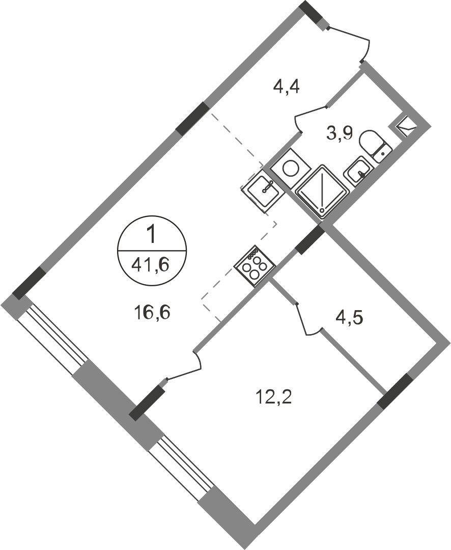 1 комн. квартира, 41.6 м², 1 этаж  (из 9)