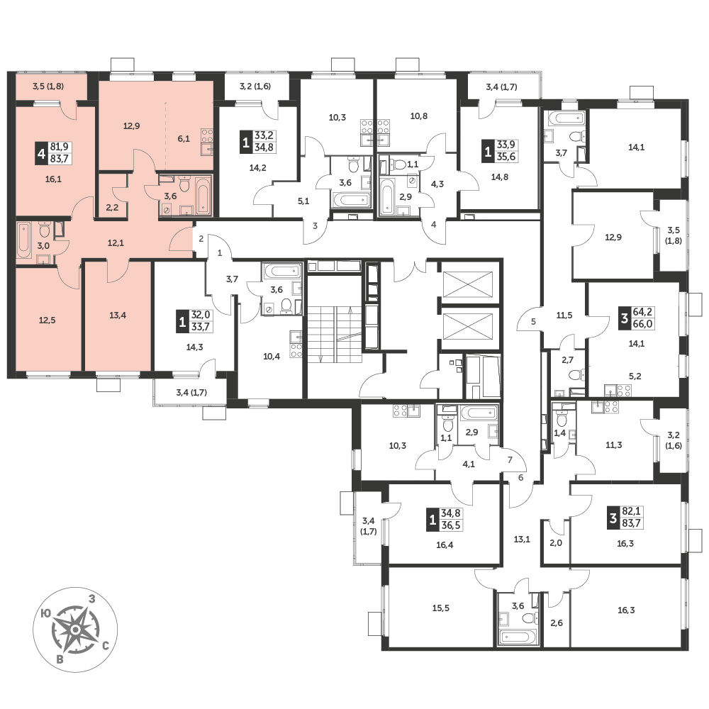 4 комн. квартира, 83.7 м², 25 этаж 