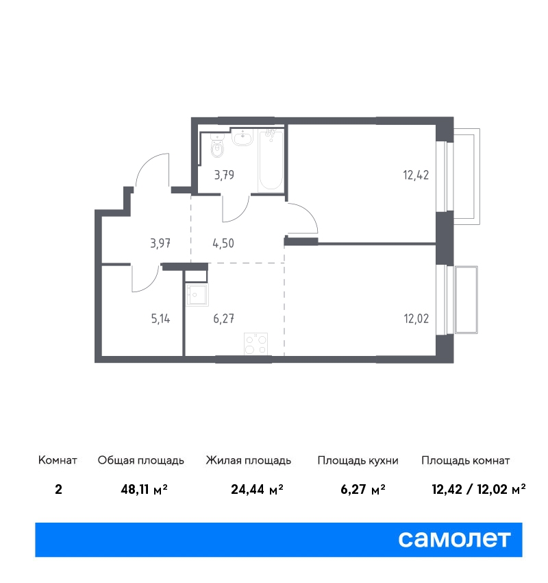 1 комн. квартира, 48.1 м², 24 этаж  (из 24)