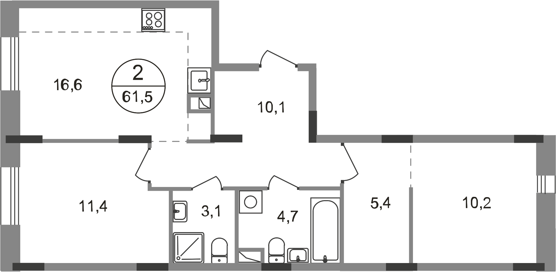 2 комн. квартира, 61.5 м², 1 этаж  (из 9)