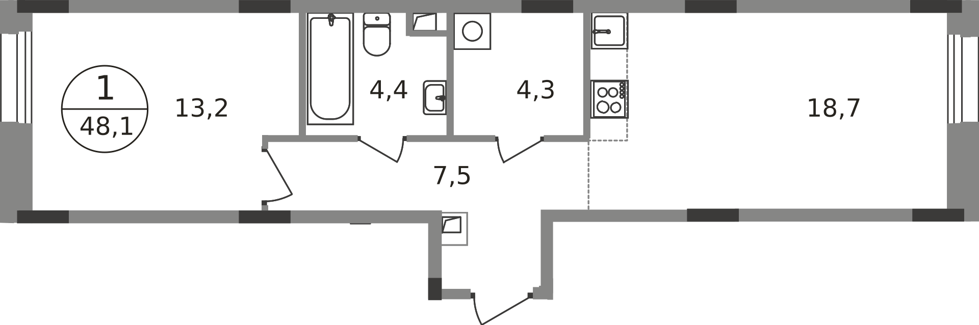 1 комн. квартира, 48.1 м², 1 этаж  (из 9)