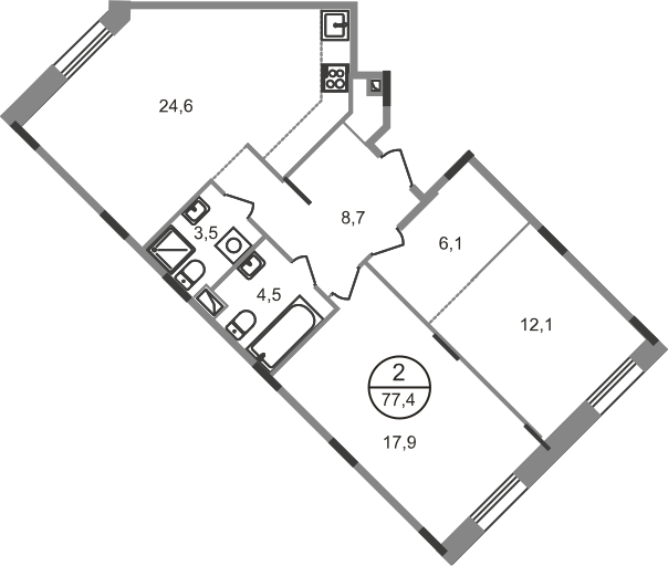 2 комн. квартира, 77.4 м², 1 этаж  (из 9)