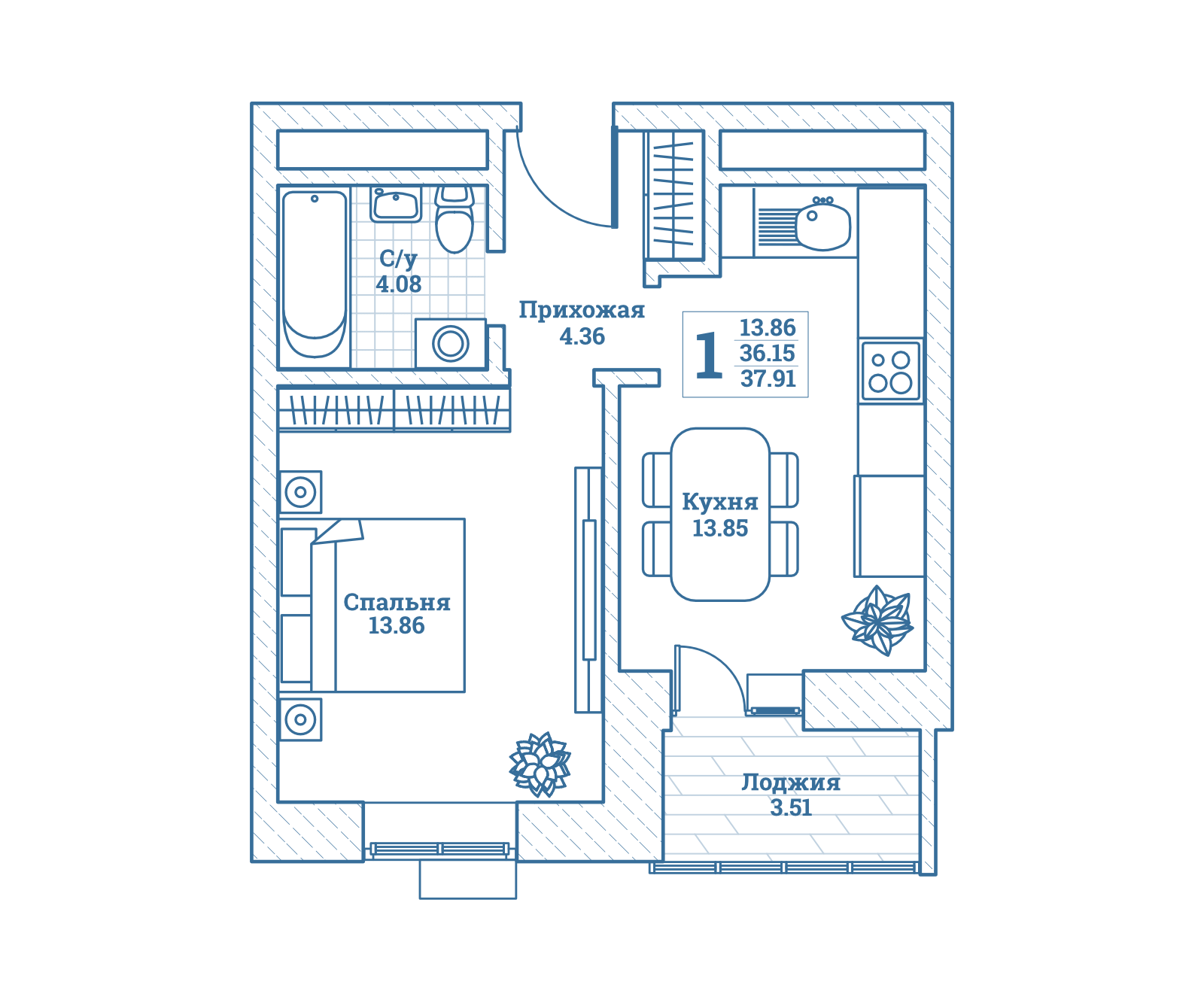 1 комн. квартира, 38 м², 5 этаж 
