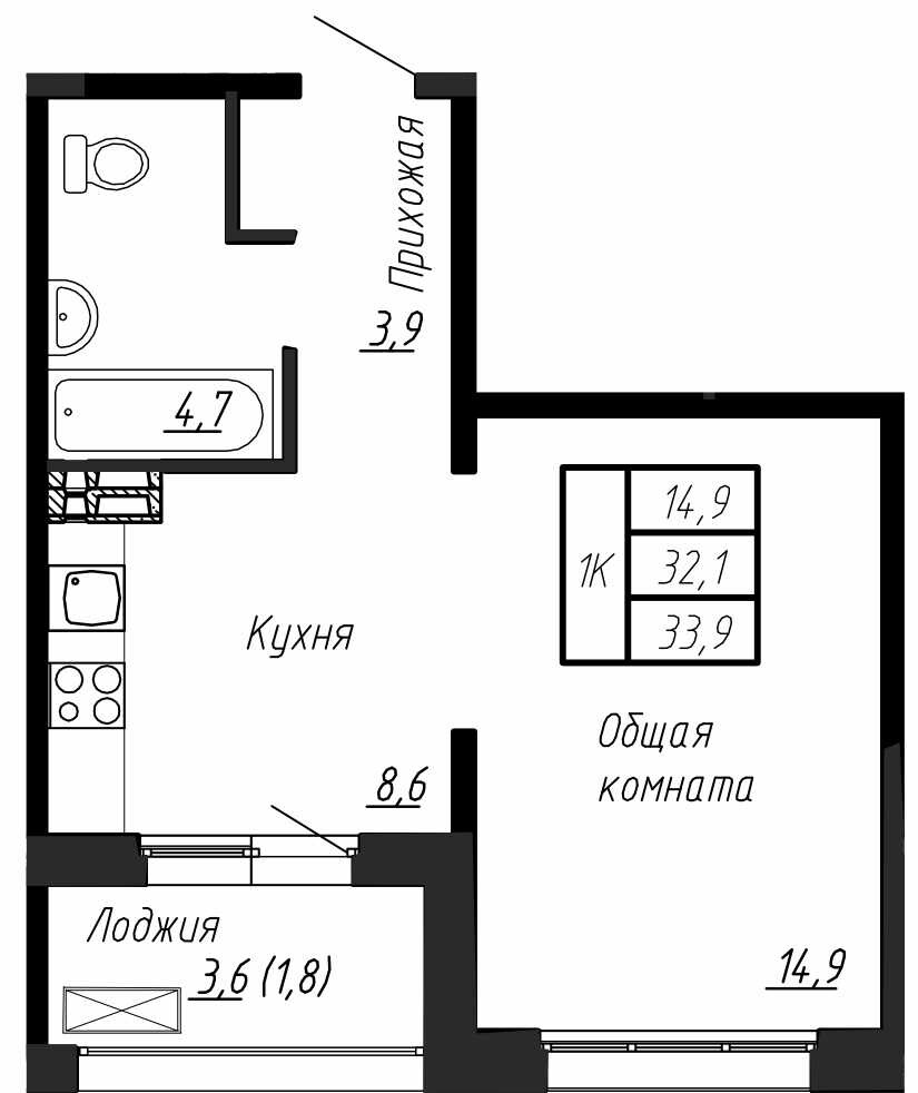 1 комн. квартира, 34 м², 1 этаж 