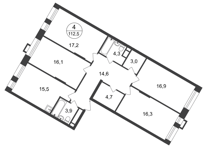 4 комн. квартира, 112.5 м², 14 этаж  (из 20)