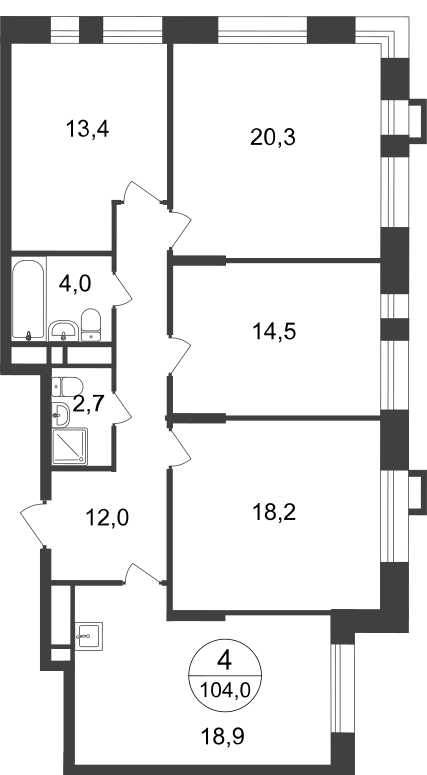 4 комн. квартира, 104 м², 15 этаж  (из 20)