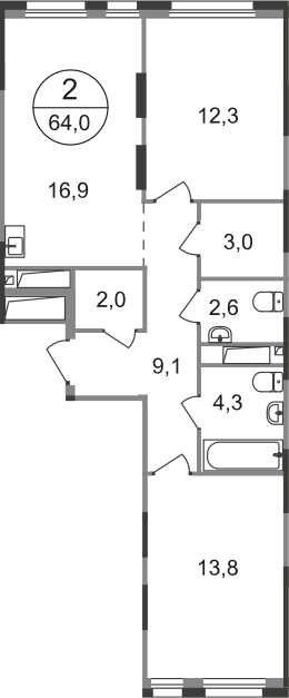 2 комн. квартира, 64 м², 16 этаж  (из 19)