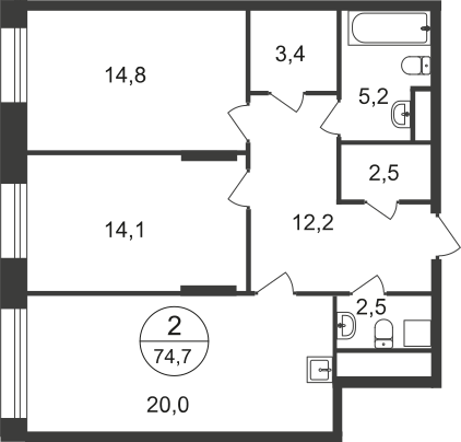 2 комн. квартира, 74.7 м², 18 этаж  (из 22)
