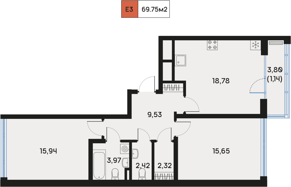 2 комн. квартира, 69.8 м², 9 этаж  (из 9)