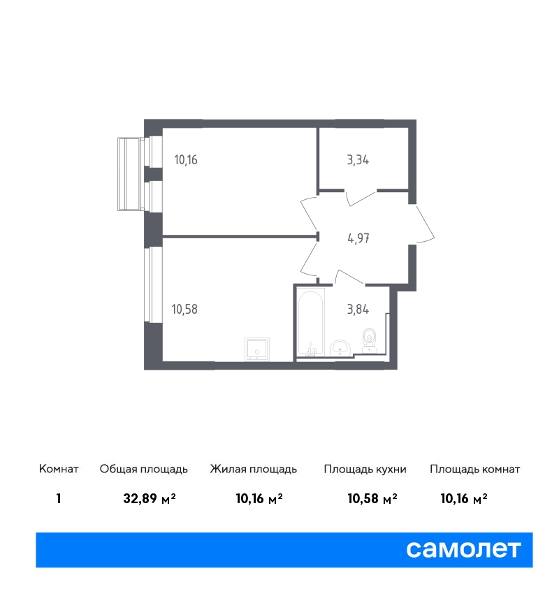 1 комн. квартира, 32.9 м², 2 этаж  (из 9)