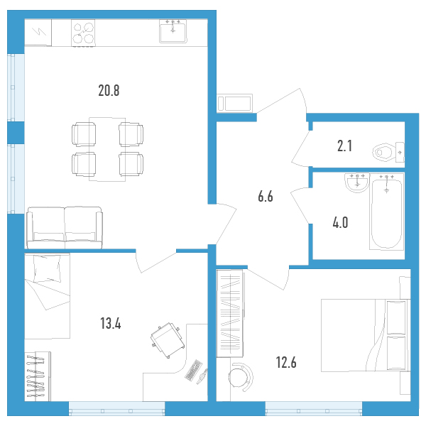 1 комн. квартира, 59.5 м², 2 этаж 