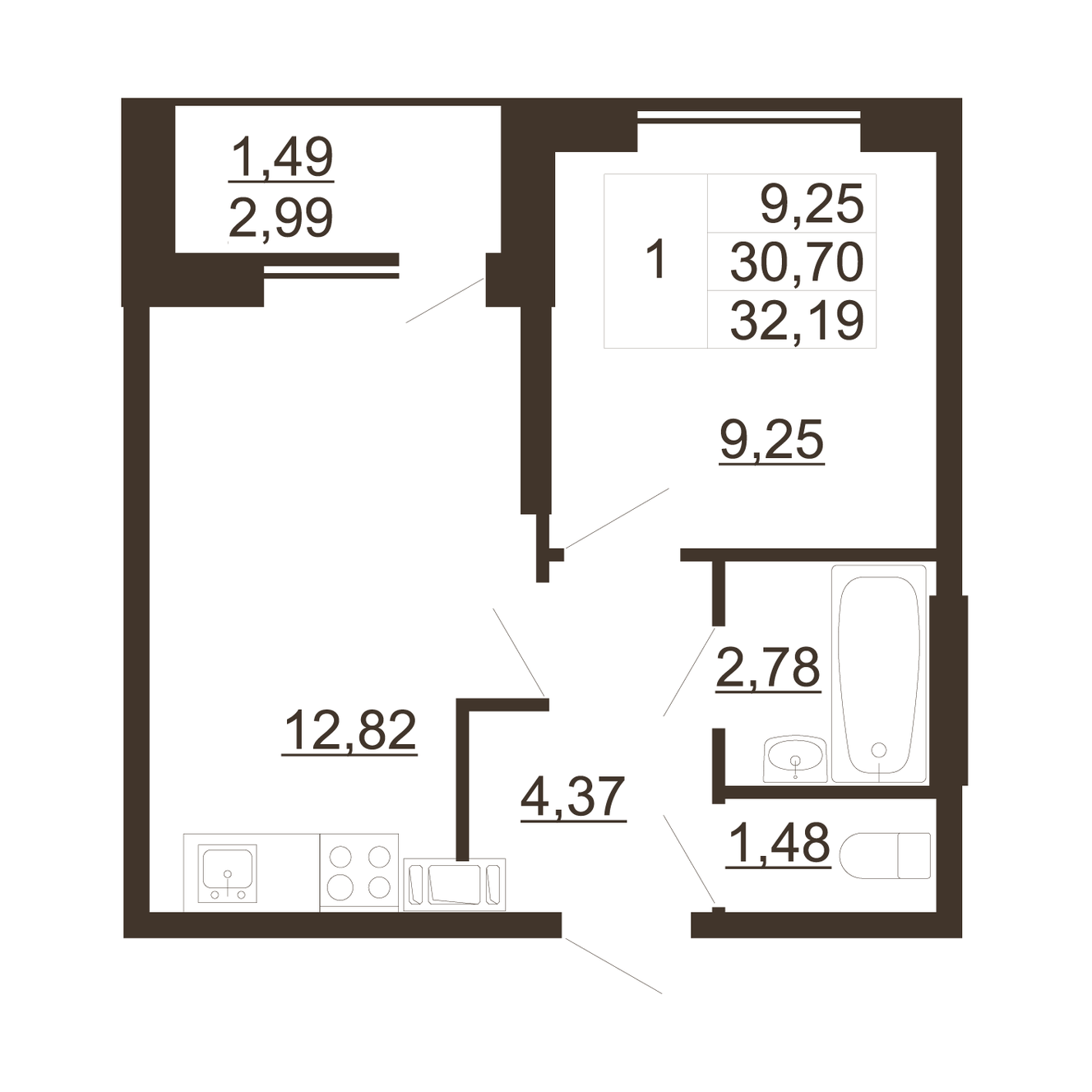 1 комн. квартира, 32.2 м², 3 этаж 