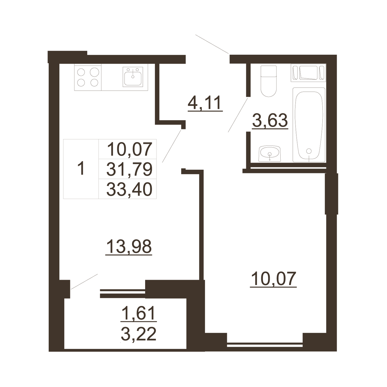 1 комн. квартира, 33.4 м², 9 этаж 