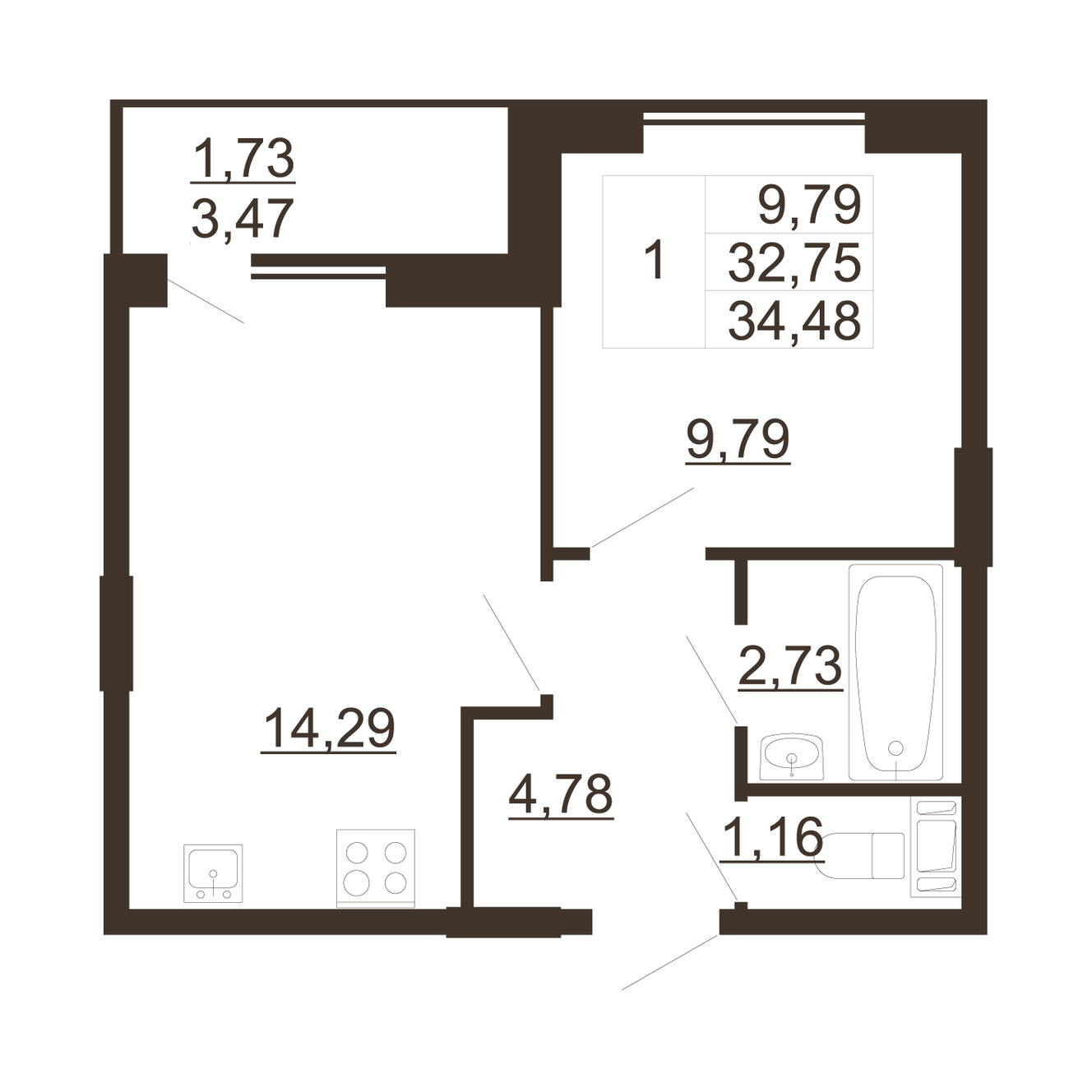 1 комн. квартира, 34.5 м², 10 этаж 