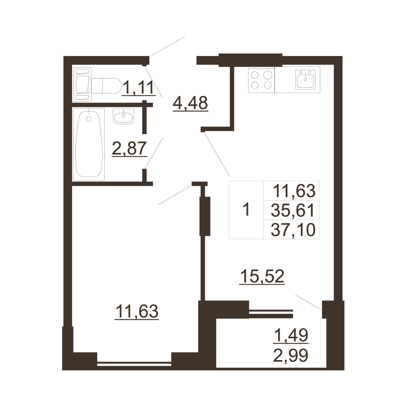 1 комн. квартира, 37.1 м², 2 этаж 