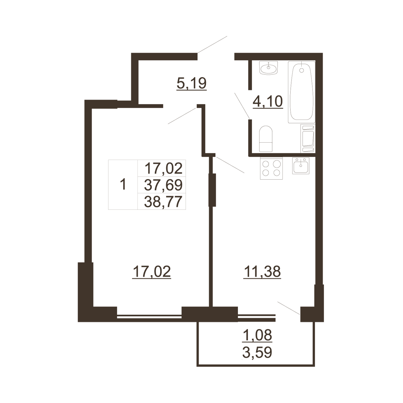 1 комн. квартира, 38.8 м², 4 этаж 