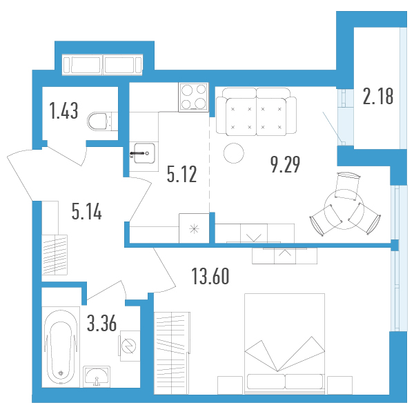 1 комн. квартира, 39 м², 2 этаж 
