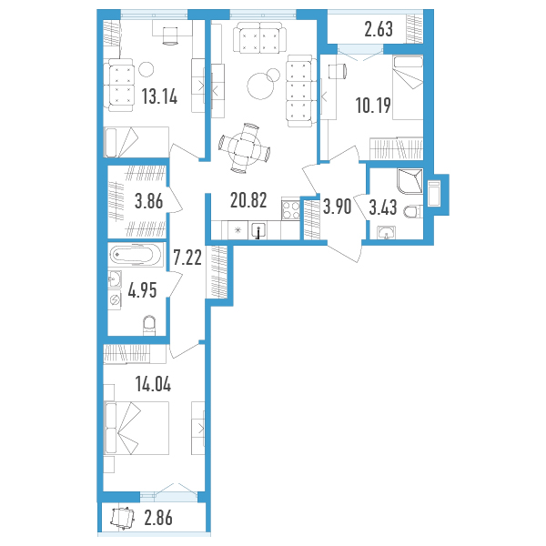 2 комн. квартира, 83.7 м², 2 этаж 