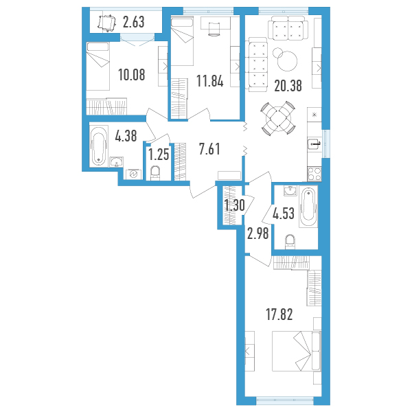 2 комн. квартира, 84.1 м², 2 этаж 
