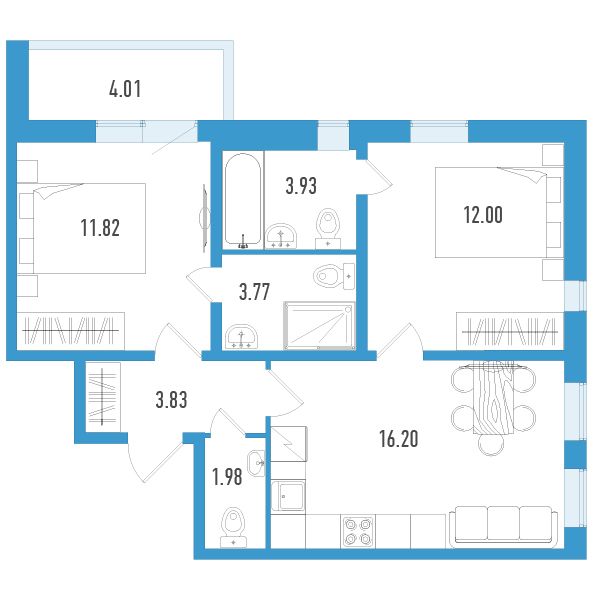 1 комн. квартира, 55.5 м², 2 этаж 