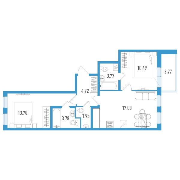 1 комн. квартира, 57.4 м², 2 этаж 