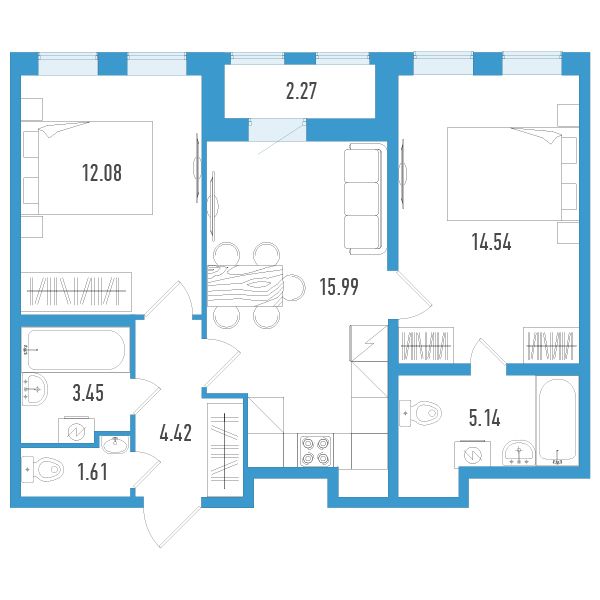 1 комн. квартира, 58.4 м², 2 этаж 