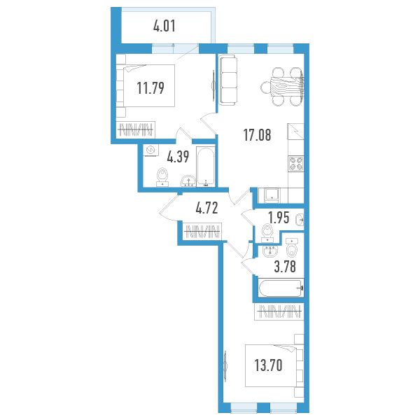 1 комн. квартира, 59.4 м², 2 этаж 