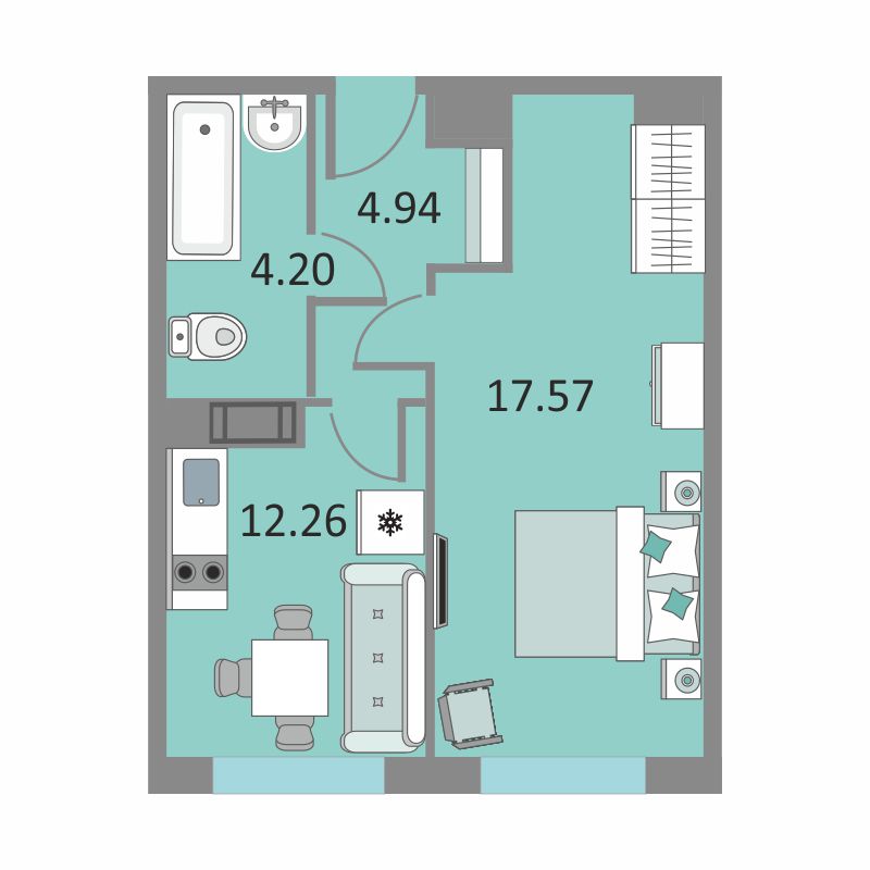 1 комн. квартира, 38.5 м², 13 этаж 