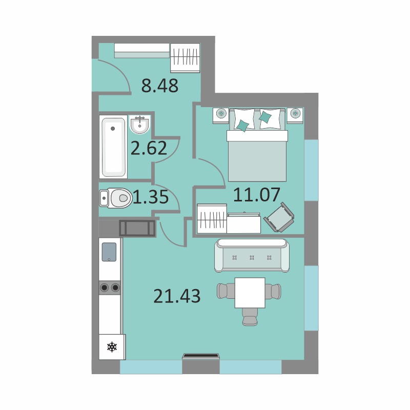 1 комн. квартира, 44.6 м², 13 этаж 