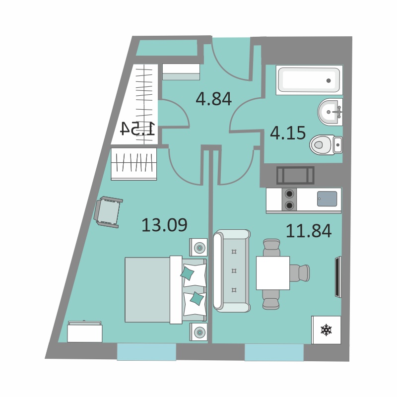 1 комн. квартира, 35.2 м², 13 этаж 