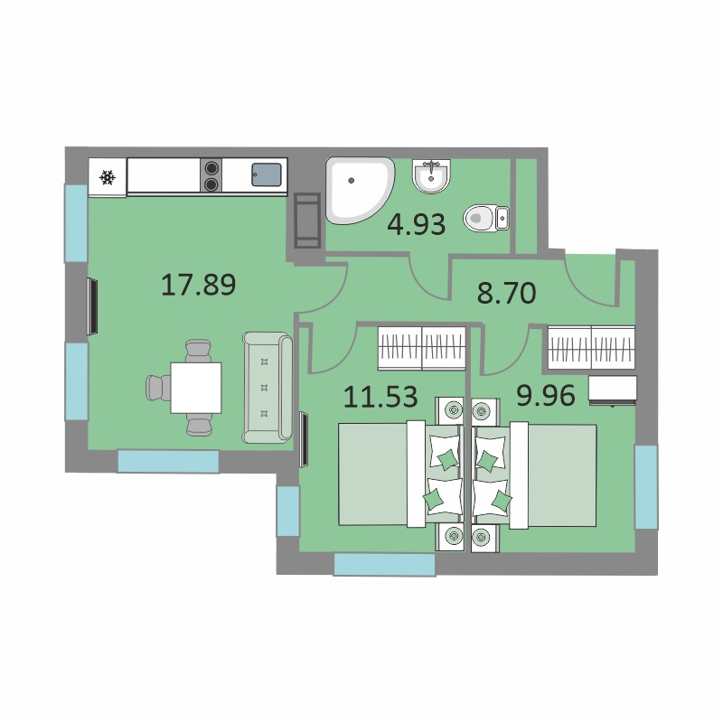 2 комн. квартира, 52.5 м², 11 этаж 