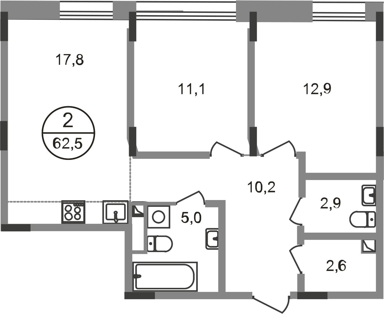 2 комн. квартира, 62.5 м², 1 этаж  (из 9)