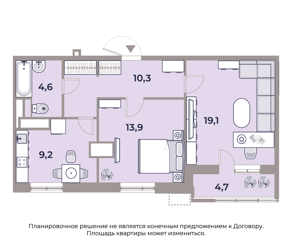 2 комн. квартира, 62.2 м², 13 этаж 