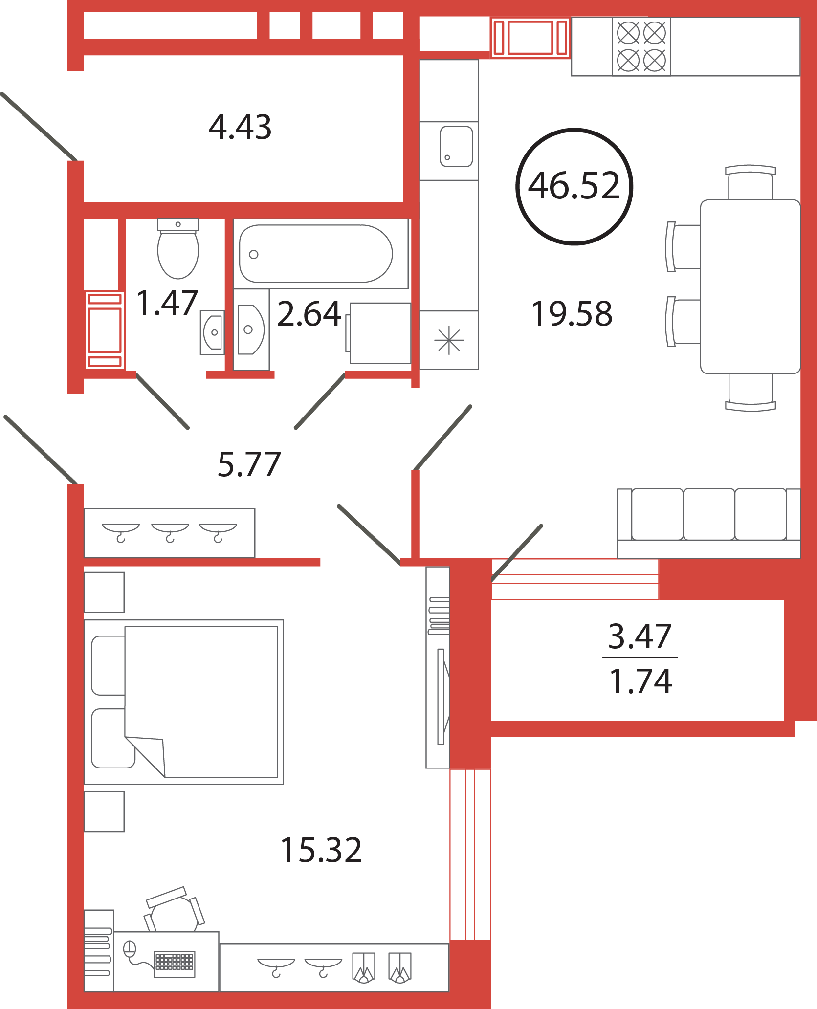 1 комн. квартира, 46.5 м², 3 этаж 