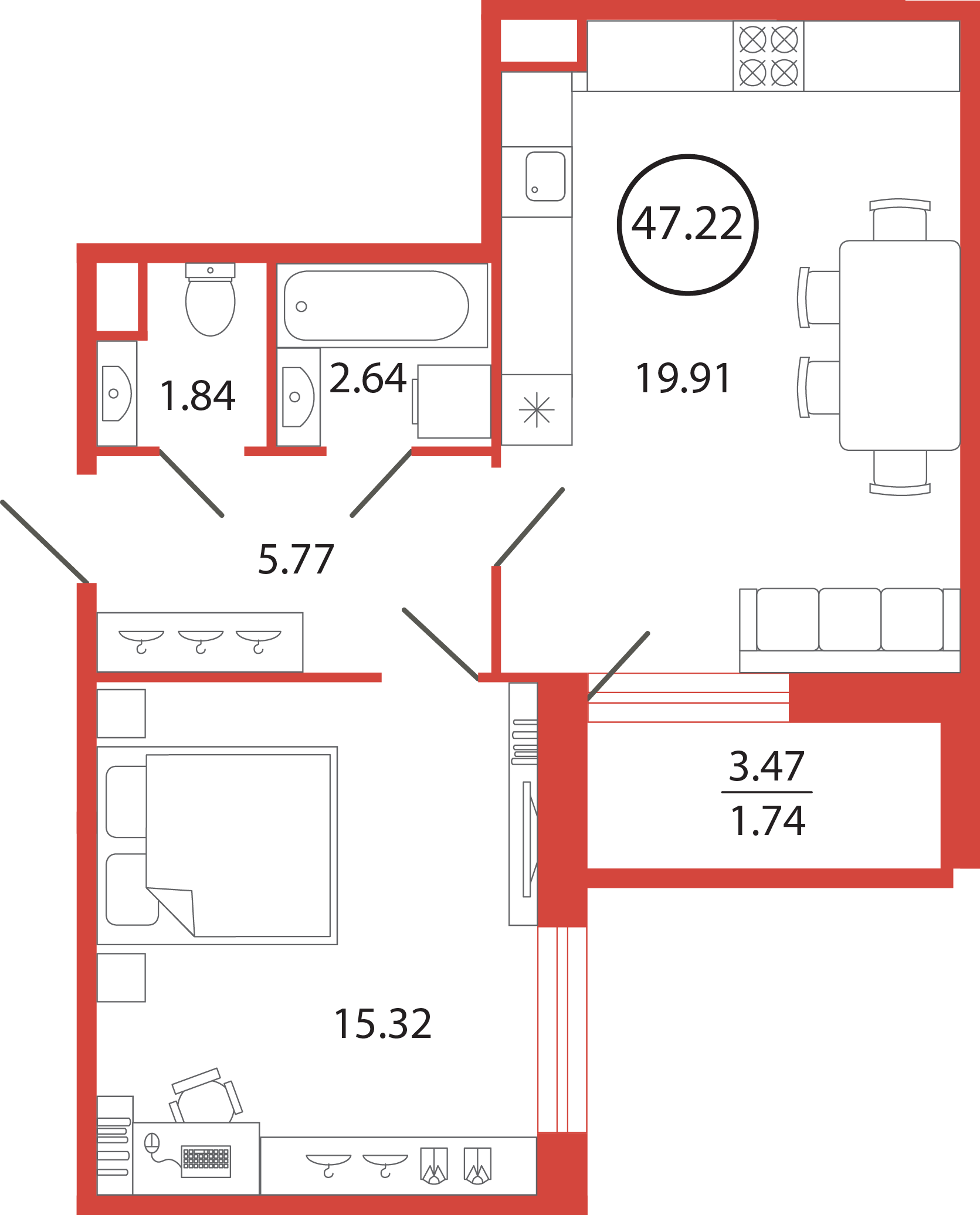 1 комн. квартира, 47.2 м², 2 этаж 
