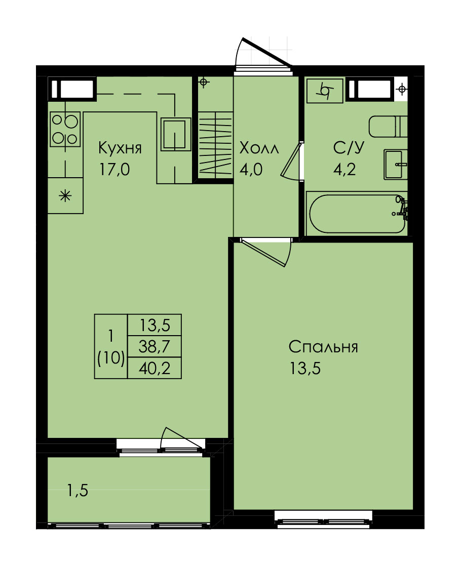 1 комн. квартира, 40.2 м², 3 этаж 