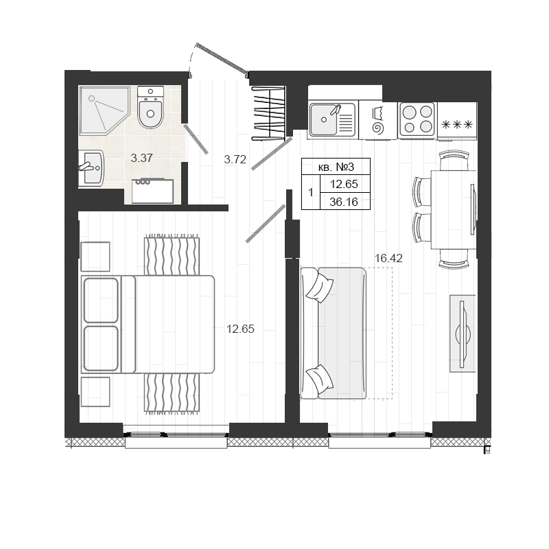 1 комн. квартира, 35.6 м², 1 этаж 