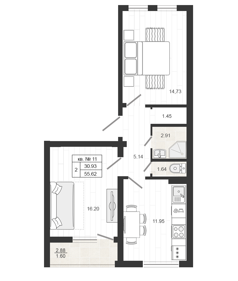 2 комн. квартира, 55.9 м², 4 этаж 