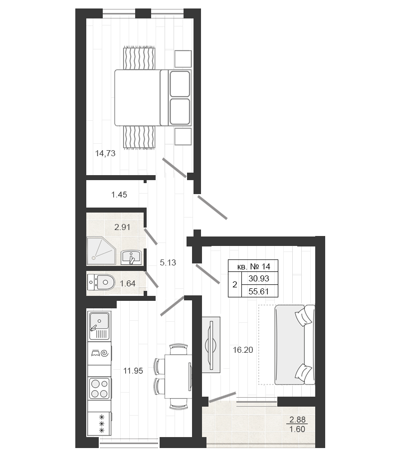 2 комн. квартира, 55.7 м², 4 этаж 