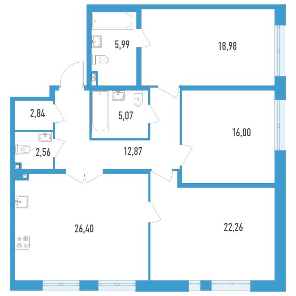2 комн. квартира, 113 м², 4 этаж 