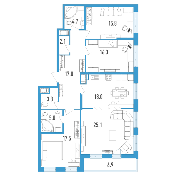 4 комн. квартира, 128.3 м², 4 этаж 