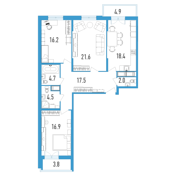 3 комн. квартира, 105.2 м², 11 этаж 