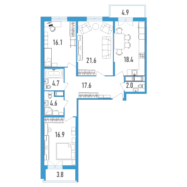 3 комн. квартира, 105.3 м², 13 этаж 