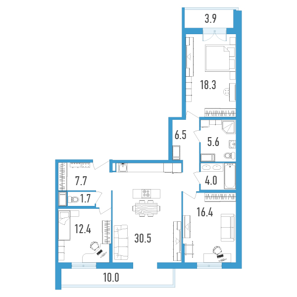 2 комн. квартира, 110.1 м², 9 этаж 