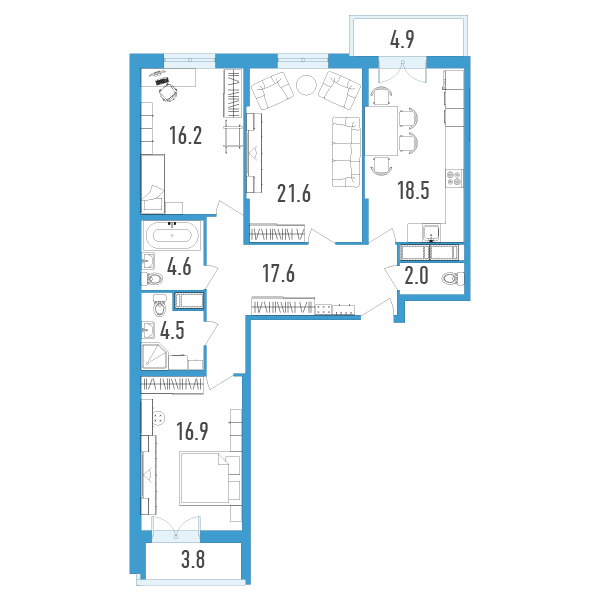 3 комн. квартира, 105.3 м², 18 этаж 