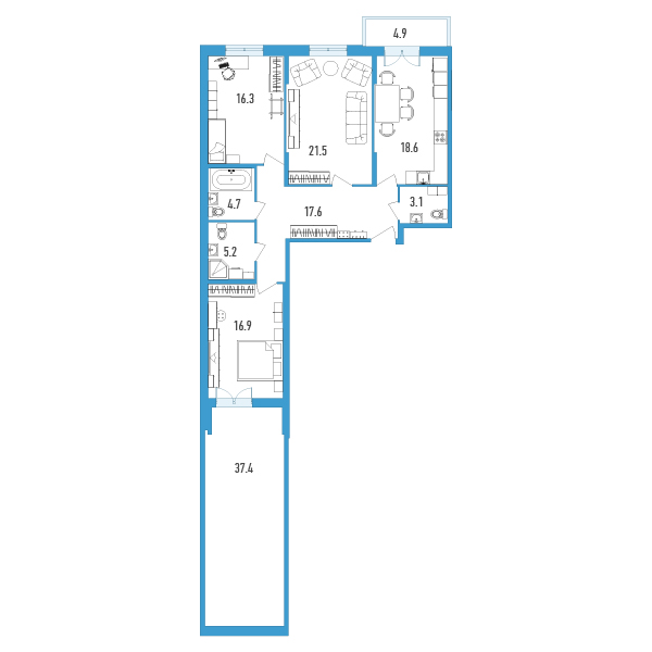 3 комн. квартира, 116.6 м², 3 этаж 
