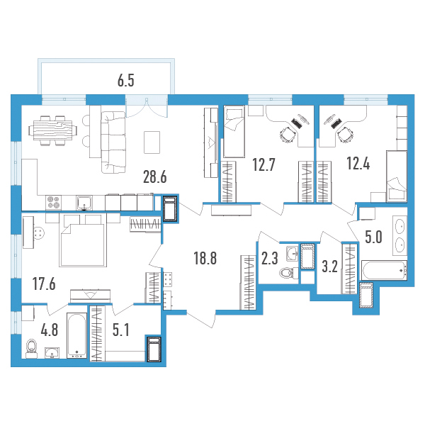 2 комн. квартира, 112.5 м², 13 этаж 