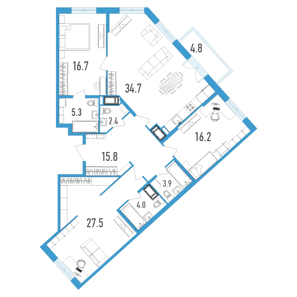 2 комн. квартира, 127.9 м², 12 этаж 